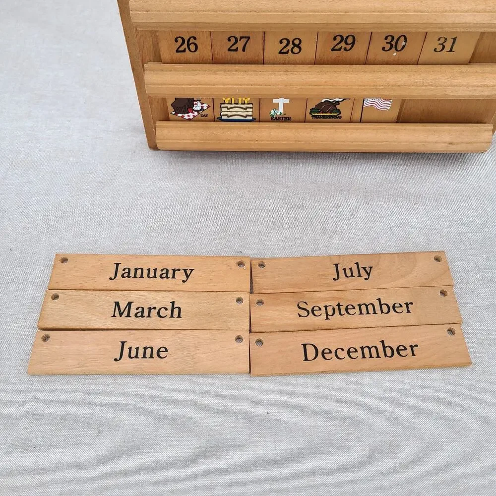 Vtg Wood Perpetual Calendar Complete Cottage Grannycore 80s 90s Farmhouse Tiles